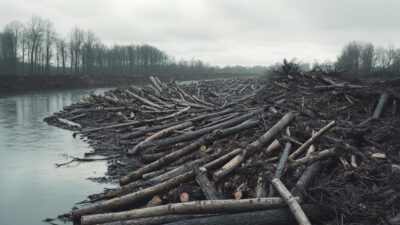 Árbores apiladas ao carón do río