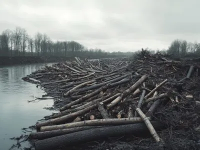 Árbores apiladas ao carón do río