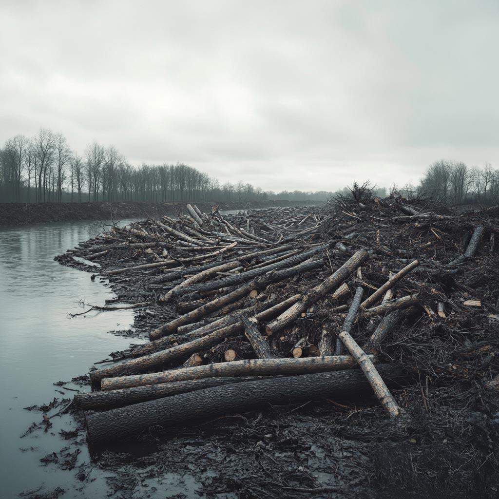 Árbores apiladas ao carón do río