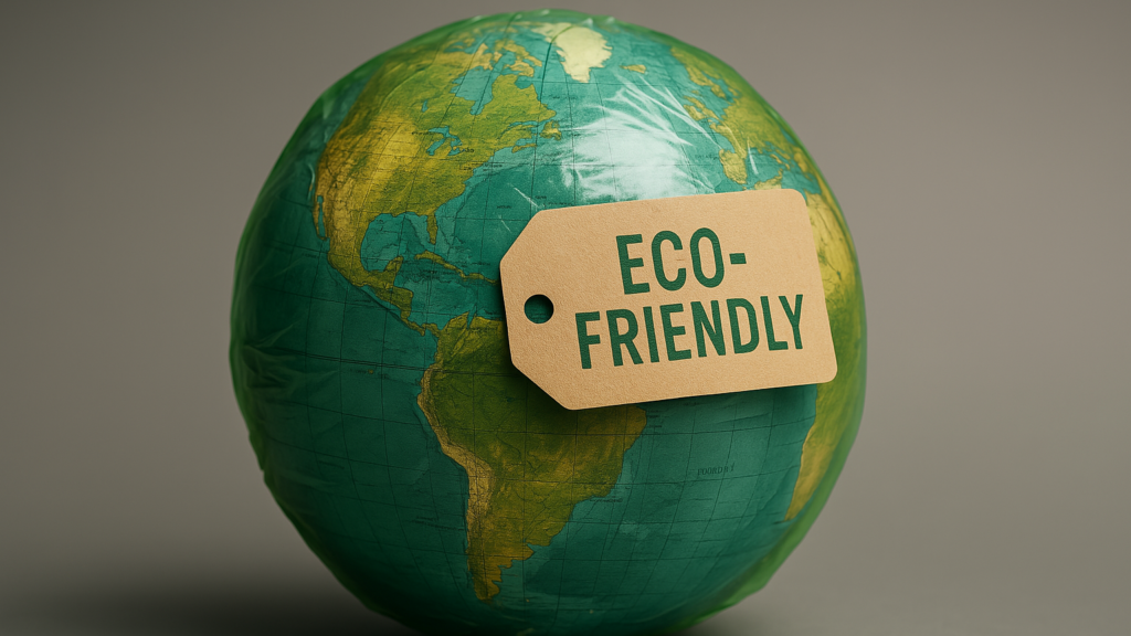 Globo terráqueo envolto en plástico verde cunha etiqueta que di "eco-friendly", simbolizando o greenwashing empresarial.