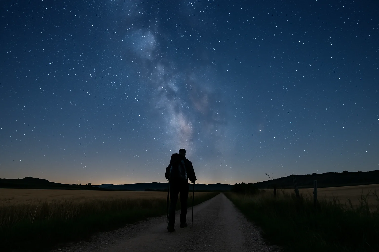 Camiñante solitario nun sendeiro do Camiño baixo o ceo estrelado