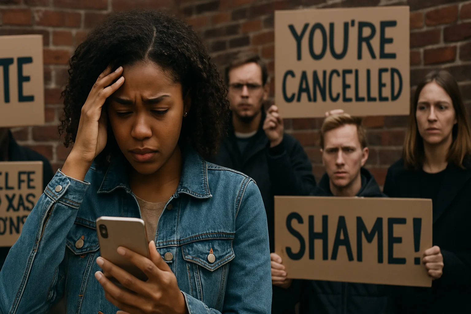 Muller angustiada co móbil ante unha multitude que a cancela.