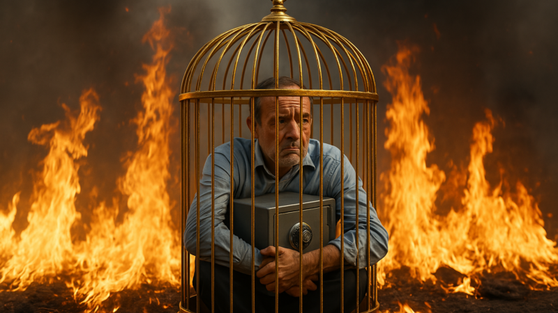 Home atrapado nunha gaiola dourada entre chamas.