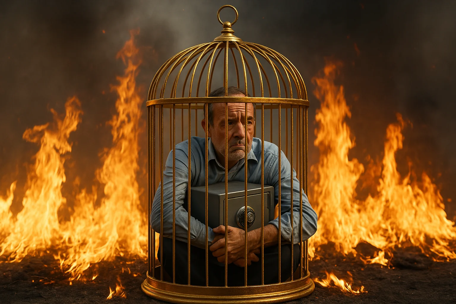 Home atrapado nunha gaiola dourada entre chamas.